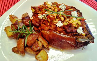Roasted Stuffed Eggplant with Lamb and Pine Nuts