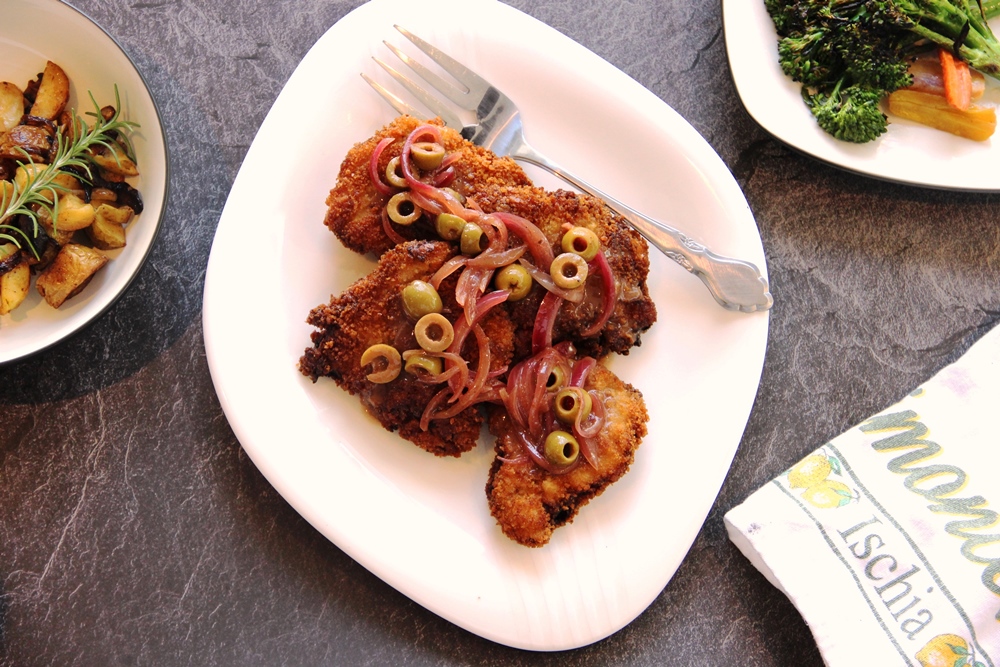 Pork Cutlet with Fig, Onions, and Olive Sauce