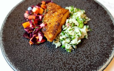 ASIAN FUSION RUBBED SEA BASS WITH VIETNAMESE SWEET CHILI PINEAPPLE SLAW OVER GREEN RICE