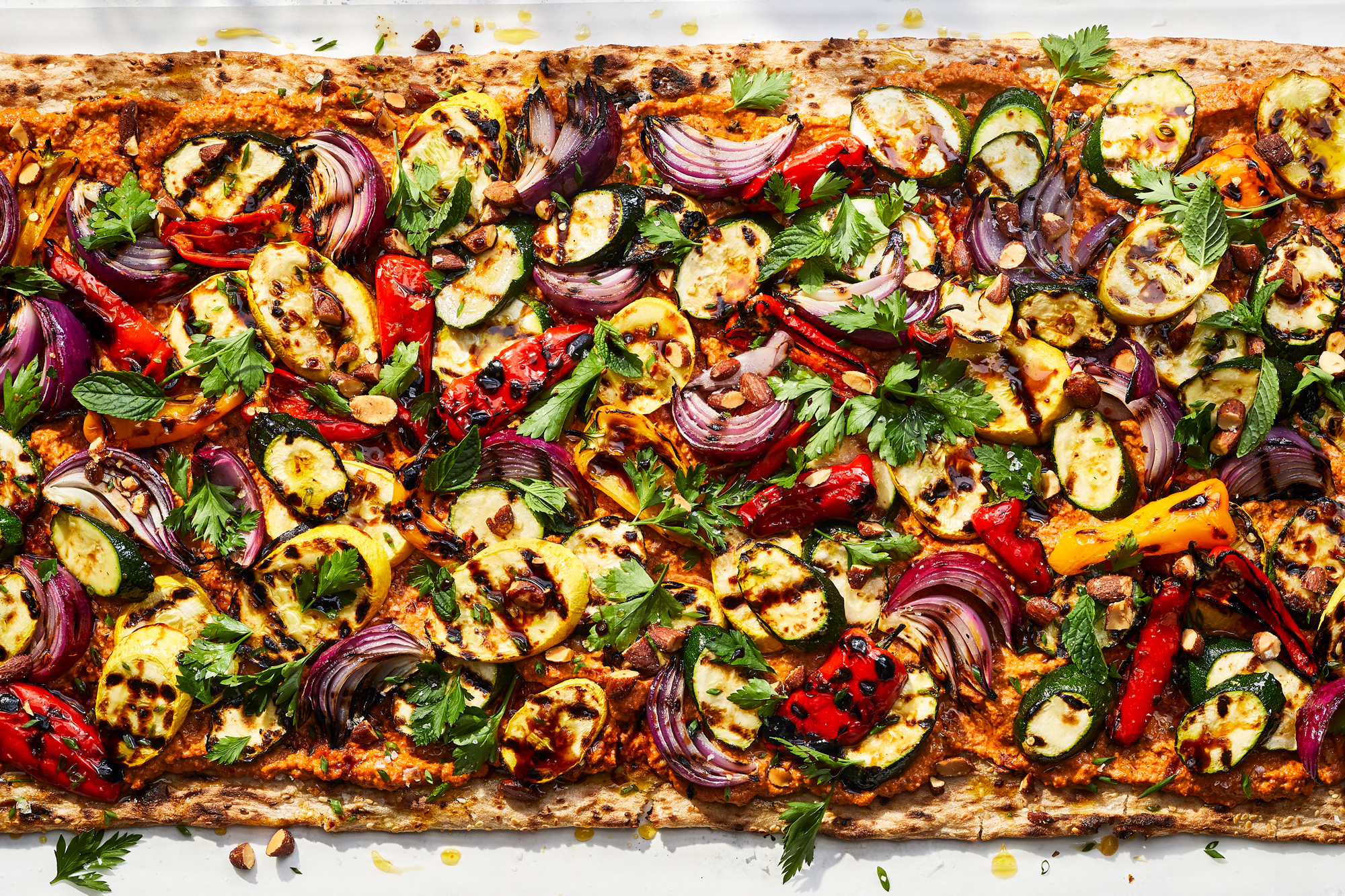 Grilled Vegetable Flatbread with Smoked Almond Muhammara 