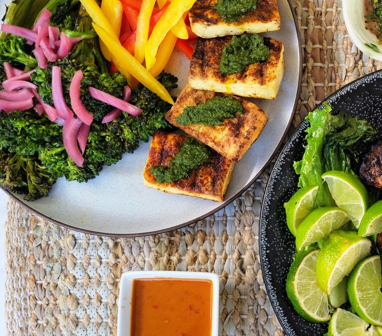 Spice Rub Marinated Grilled Paneer with Herb Chutney